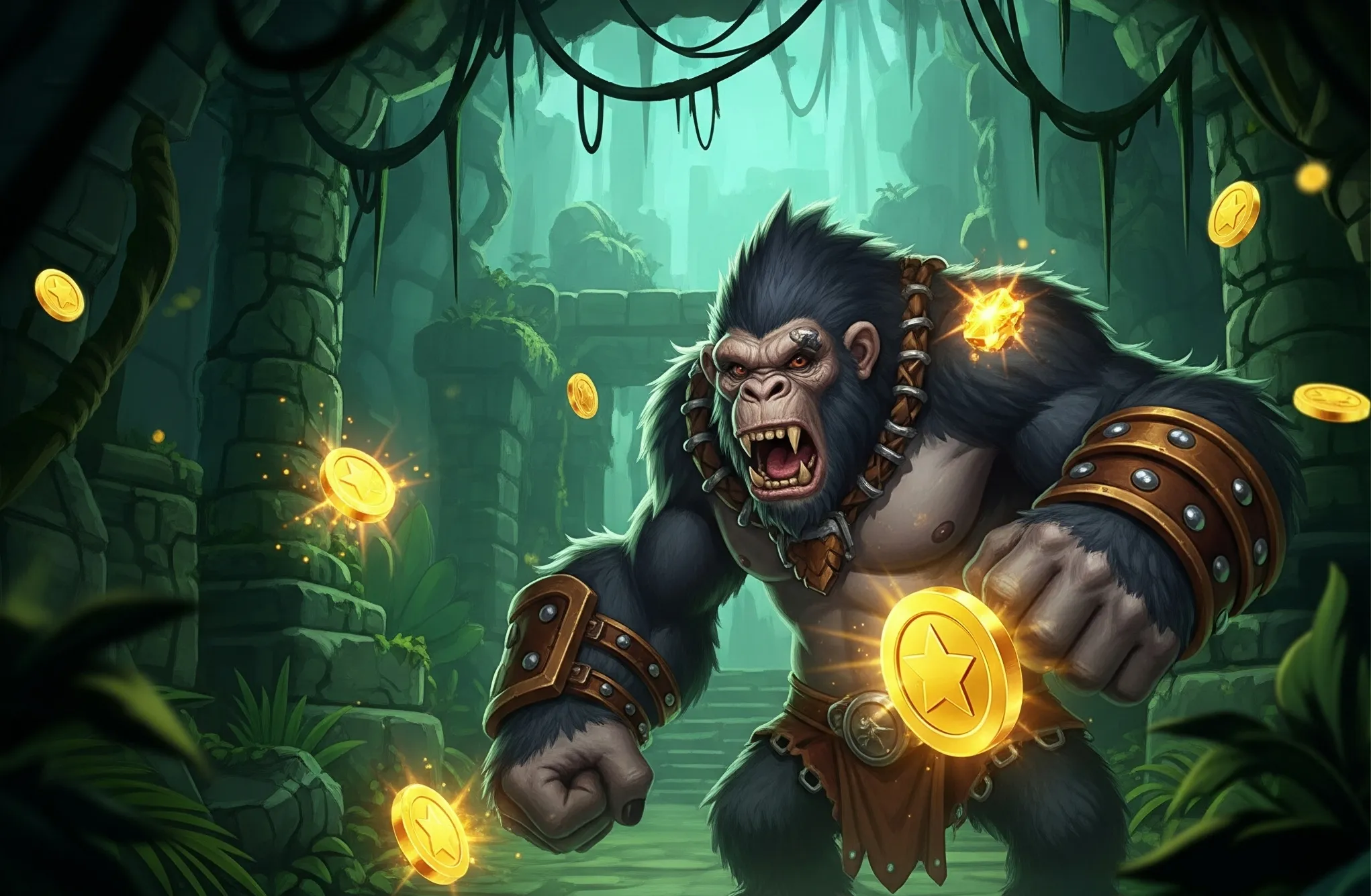 Treasures of Kongar Game Preview: Ape creature in jungle ruins